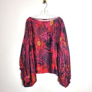 Natori Artsy Floral Statement Blouse L/XL Bold Print Balloon Sleeve Top Dramatic